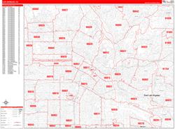 Los Angeles County, CA Wall Map Zip Code Red Line Style 2024